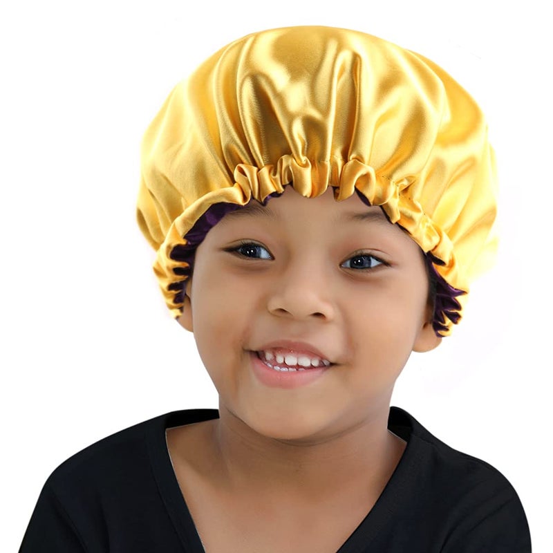 ELIHAIR قبعات نوم للأطفال من ELIHAIR، قبعات مريحة للمراهقين والأطفال الصغار، قبعة ساتان حريرية قابلة للتعديل وقابلة للعكس بطبقتين، لون لافندر/أصفر - Image 4